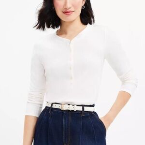 Cream Waffle-Knit Long Sleeve Henley Top